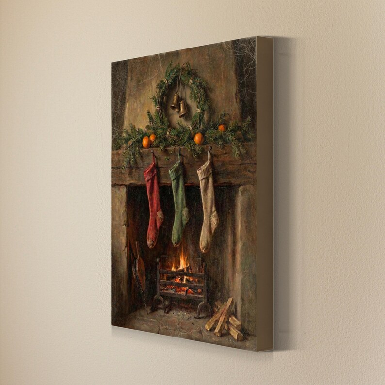 Christmas Stockings and Fireplace Wall Art, Vintage Style Holiday Decor, Rustic Wall Art, Winter Illustration, Art Print or Canvas image 4