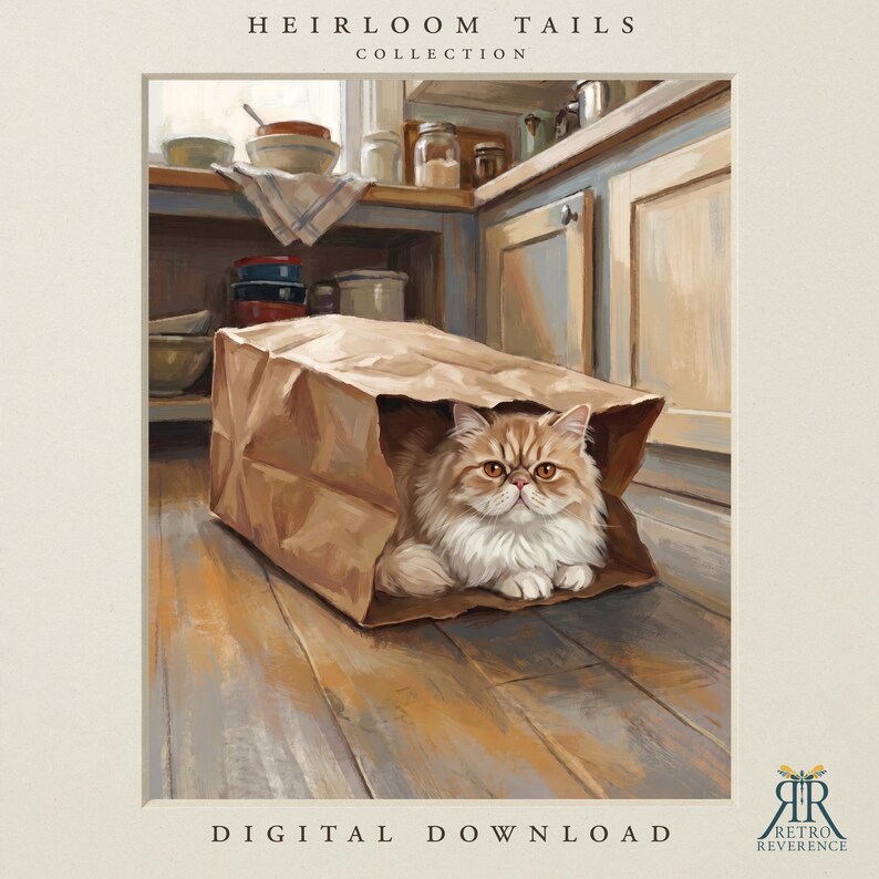 May include: A digital print titled Heirloom Tails Collection featuring a fluffy ginger and white cat sitting inside a brown paper bag on a wooden floor, with kitchen cabinets and bowls in the background and Retro Reverence text at the bottom.