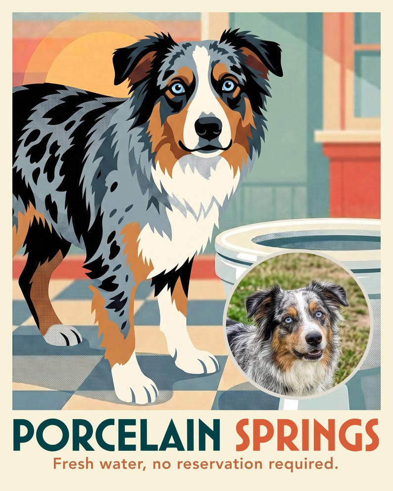 Thirsty Dog Travel Poster from Your Photo, Personalized Dog Art Print or Canvas, Guilty Dog Wall Art, Funny Bathroom Wall Decor