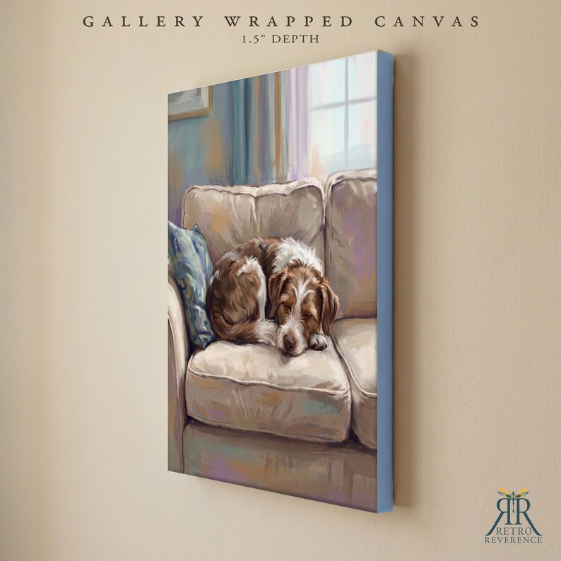 May include: A gallery wrapped canvas with a 1.5 inch depth featuring a painting of a brown and white dog curled up on a light-colored sofa. The artwork displays a soft, painterly style with a blue cushion visible on the left side of the couch.