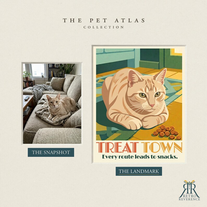 May include: A graphic art print titled The Pet Atlas Collection featuring a snapshot of a ginger cat on a sofa next to a stylized illustration titled Treat Town with the text Every route leads to snacks and a pile of cat treats.