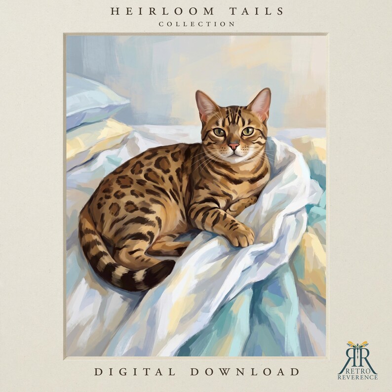 Pu&ograve; includere: Un'illustrazione digitale di un gatto del Bengala maculato marrone e nero che riposa su biancheria da letto bianca e azzurra. Il testo HEIRLOOM TAILS COLLECTION appare in alto e DIGITAL DOWNLOAD in basso con un logo nell'angolo.