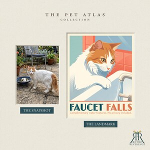 Op de afbeelding: Een print getiteld The Pet Atlas Collection met een foto van een wit-oranje kat naast een waterbak en een gestileerde illustratie van dezelfde kat bij een kraan, met de tekst Faucet Falls en Complimentary water features. No privacy included.