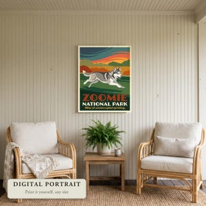 Custom dog portrait in a retro travel poster style, a dog sprinting across the lawn, hung on a sunporch wall, shown as a digital file you print yourself