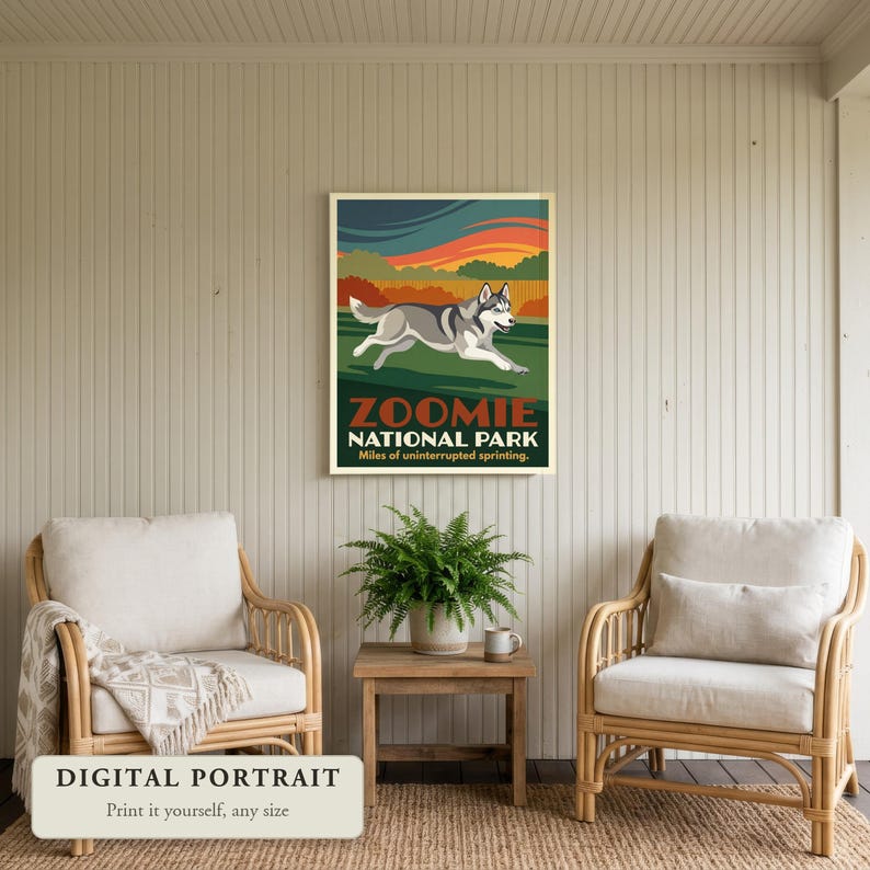 Custom dog portrait in a retro travel poster style, a dog sprinting across the lawn, hung on a sunporch wall, shown as a digital file you print yourself