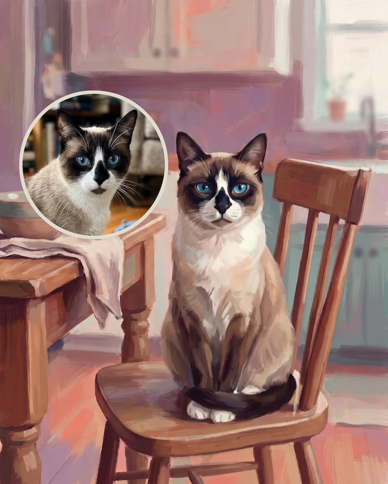 Regal Custom Cat Portrait from Your Photo, Cottage Breakfast Nook Canvas Print, Cat Canvas Wall Art, Cat on Chair Art, Vintage Kitchen Decor