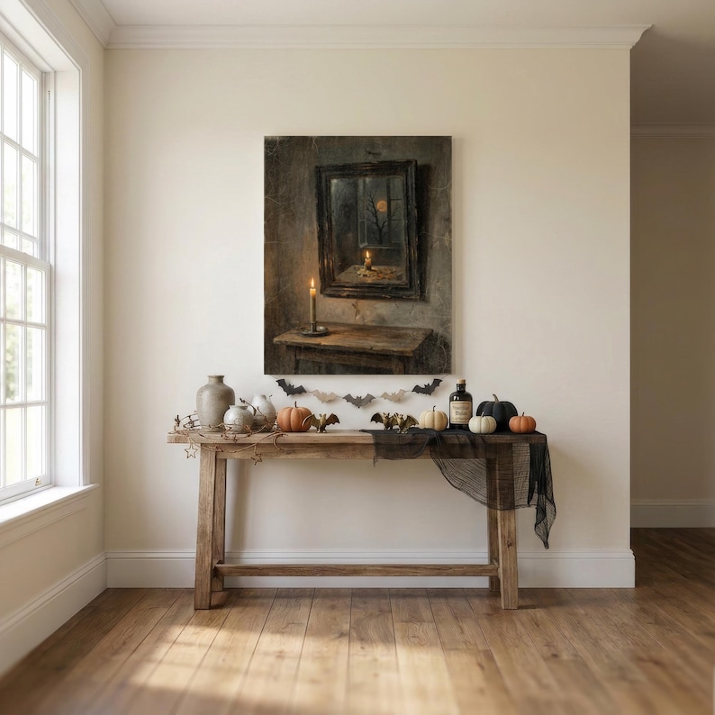 May include: A rectangular wooden console table featuring a dark, distressed finish. The table is decorated with small orange and white pumpkins, a black bottle, and a black fabric runner. A string of paper bats hangs across the front edge.