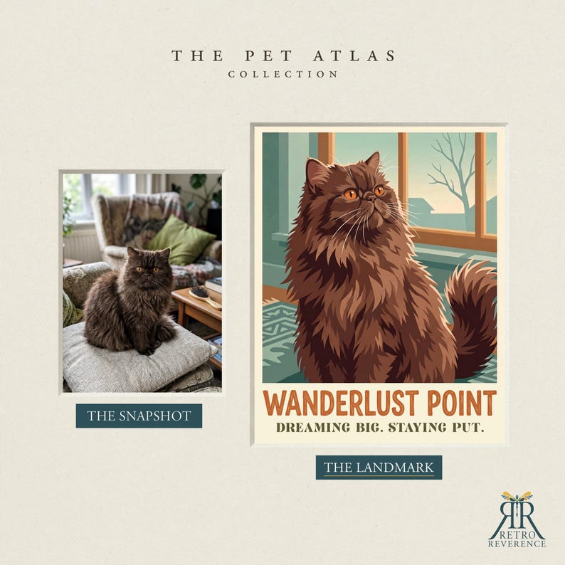 May include: A side-by-side comparison featuring a photograph of a fluffy brown cat on a cushion labeled THE SNAPSHOT and a stylized illustration of the same cat looking out a window labeled THE LANDMARK, WANDERLUST POINT, DREAMING BIG. STAYING PUT.