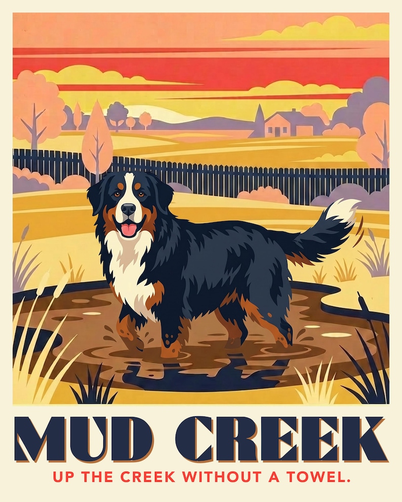 Personalized Dog Portrait from Photo, Dog Splashing in the Mud Puddle Illustration, Retro Travel Poster Digital, Printable Wall Art zdjęcie 2