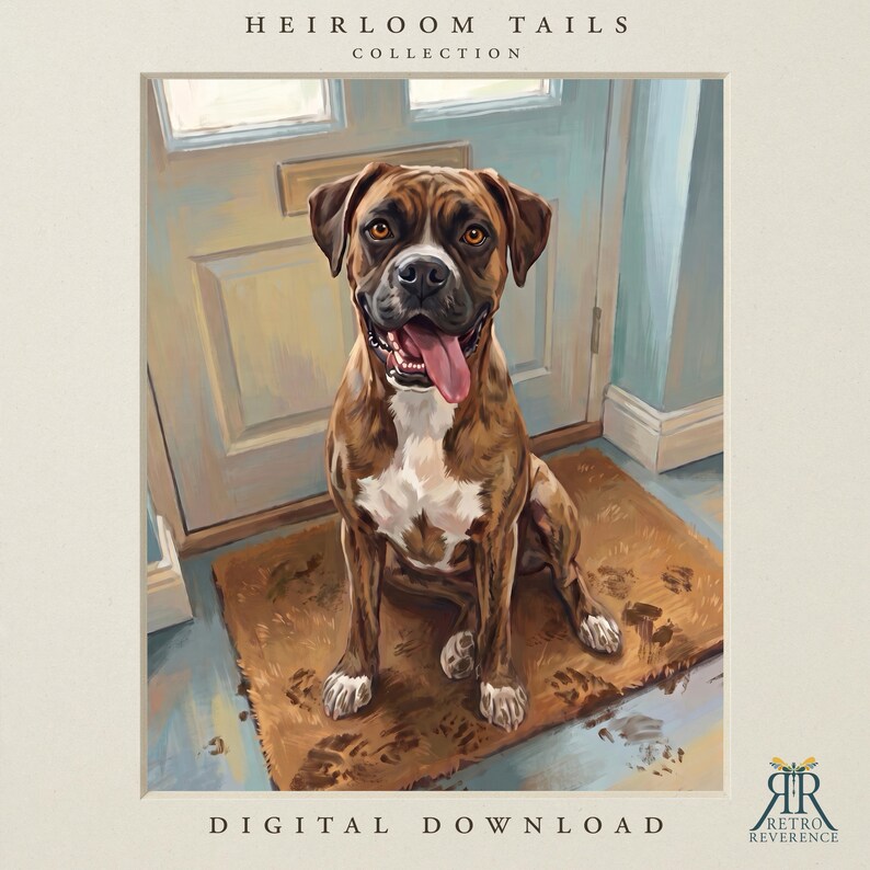 May include: A digital illustration of a brown and white Boxer dog sitting on a brown doormat in front of a light blue door. The dog has its tongue out and is looking forward. The text HEIRLOOM TAILS COLLECTION and DIGITAL DOWNLOAD are visible.