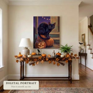 Custom cat portrait of a black cat on porch pumpkins, hung on a wall in an entryway decorated for Halloween, shown as a digital file you print yourself