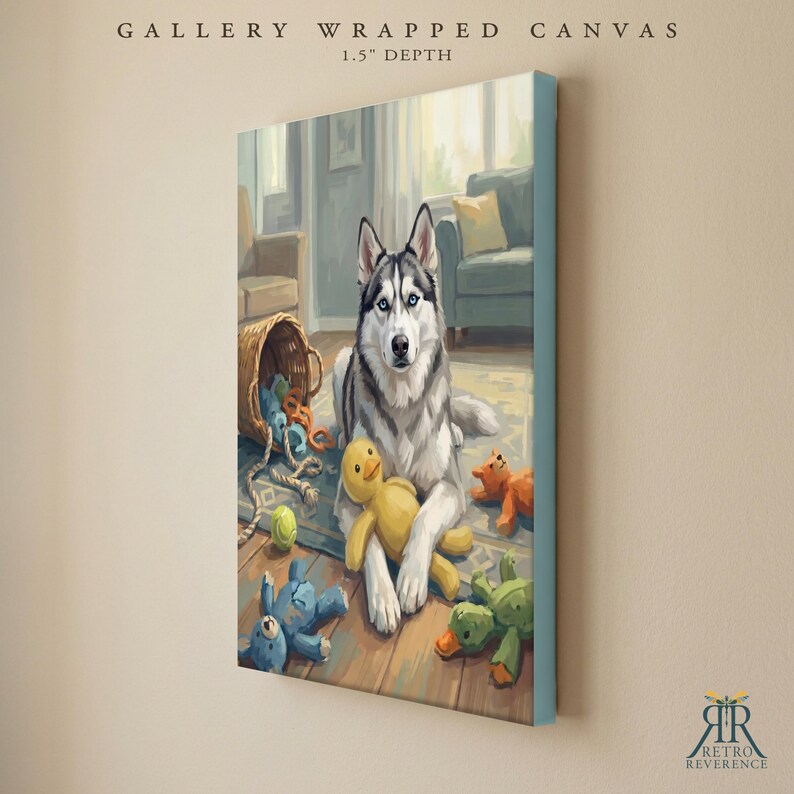May include: A gallery wrapped canvas with a 1.5 inch depth featuring a painting of a grey and white husky dog with blue eyes sitting on a floor surrounded by various plush toys, including a yellow duck, a blue bear, and a green creature.