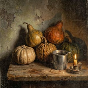 Autumn Gourds Wall Art, Vintage Style Thanksgiving Decor, Fall Still Life, Dining Room Artwork, Harvest Decor, Art Print or Canvas