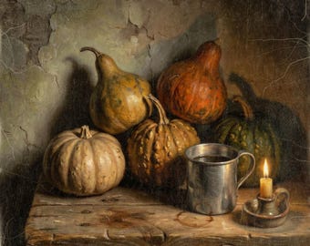 Autumn Gourds Wall Art, Vintage Style Thanksgiving Decor, Fall Still Life, Dining Room Artwork, Harvest Decor, Art Print or Canvas