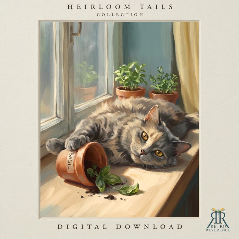 May include: A digital illustration titled HEIRLOOM TAILS COLLECTION featuring a gray cat lying on a windowsill next to two potted plants. A terracotta pot labeled BASIL is tipped over on its side with soil and green leaves spilled onto the surface.