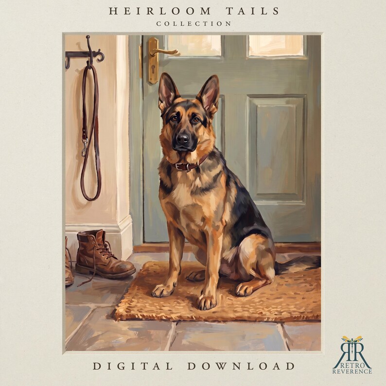 May include: A digital illustration titled Heirloom Tails Collection featuring a German Shepherd sitting on a tan mat before a sage green door. A brown leather leash hangs on a wall hook, and a brown leather boot sits on the floor nearby.