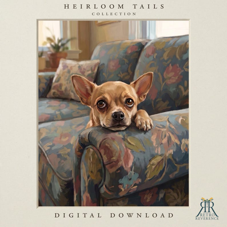 May include: A digital illustration of a tan Chihuahua resting its chin on the arm of a floral-patterned sofa. The text HEIRLOOM TAILS COLLECTION appears at the top, and DIGITAL DOWNLOAD is at the bottom, with the RETRO REVERENCE logo.