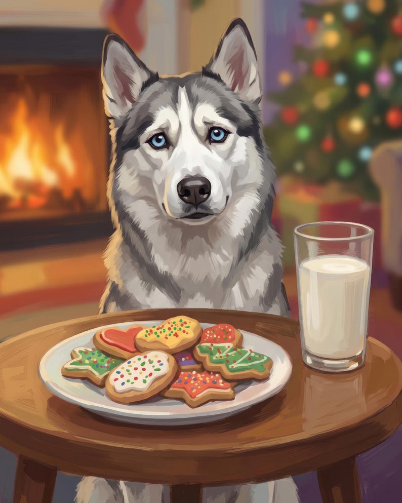 Santa Paws Wall Art Print, Custom Dog Canvas Wall Art, Personalized Dog Portrait from Photo, Dog with Christmas Cookies, Dog Artwork image 2