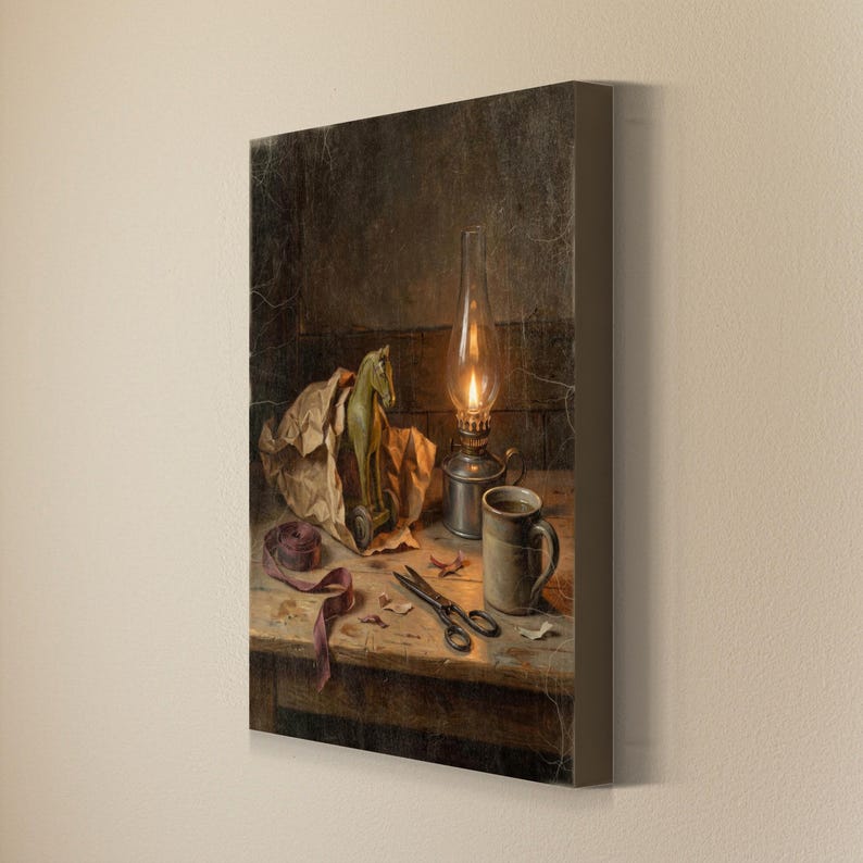May include: A still life canvas print featuring a lit oil lamp, a green toy horse partially wrapped in brown paper, a ceramic mug, and a pair of metal scissors resting on a wooden surface. The scene is rendered in dark, muted tones.