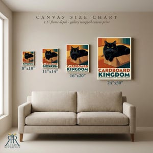 May include: A canvas size chart displaying four rectangular prints of a black cat in a cardboard box, titled Cardboard Kingdom. Sizes include 8x10, 11x14, 16x20, and 24x30 inches. The prints feature a 1.5 inch frame depth and gallery wrapped edges.