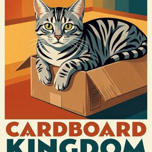 Custom Cat Portrait from Photo, Cat Loafing in a Cardboard Box, Retro Travel Poster Illustration, Colorful Wall Decor, Art Print or Canvas image 2