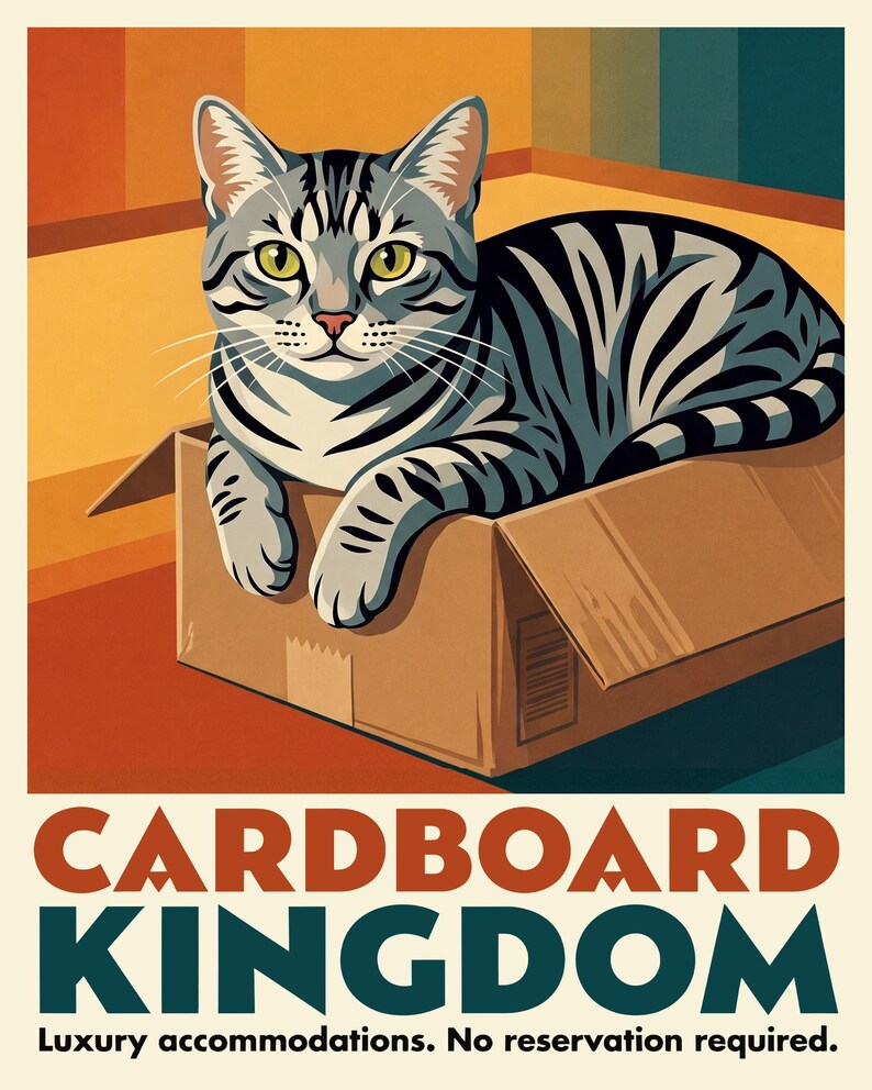 Custom Cat Portrait from Photo, Cat Loafing in a Cardboard Box, Retro Travel Poster Illustration, Colorful Wall Decor, Art Print or Canvas image 2