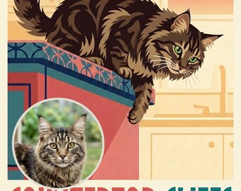 Custom Cat Portrait from Photo, Cat Hanging Off the Countertop Edge, Retro Travel Poster Illustration, Kitchen Artwork, Art Print or Canvas
