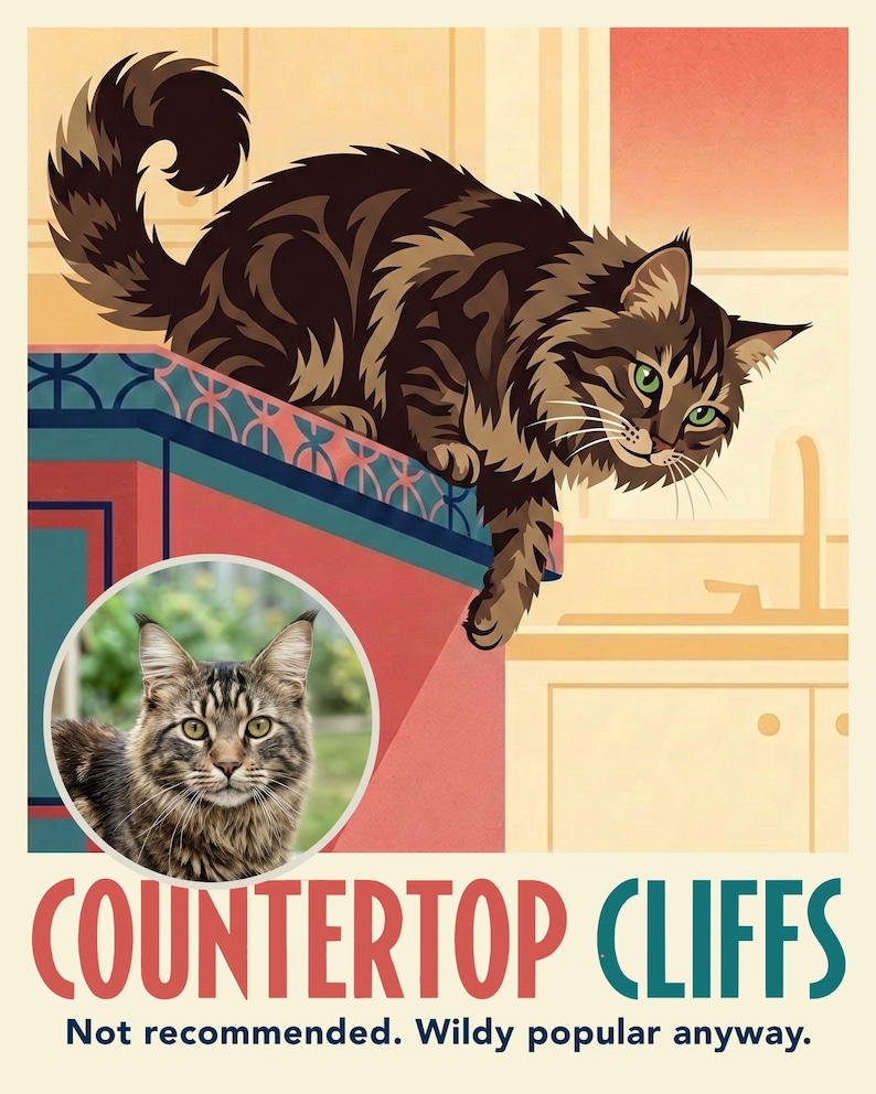 Countertop Travel Poster from Your Photo, Custom Cat Art Print or Canvas, Smug Cat Wall Art, Retro Bubblegum Pink Decor