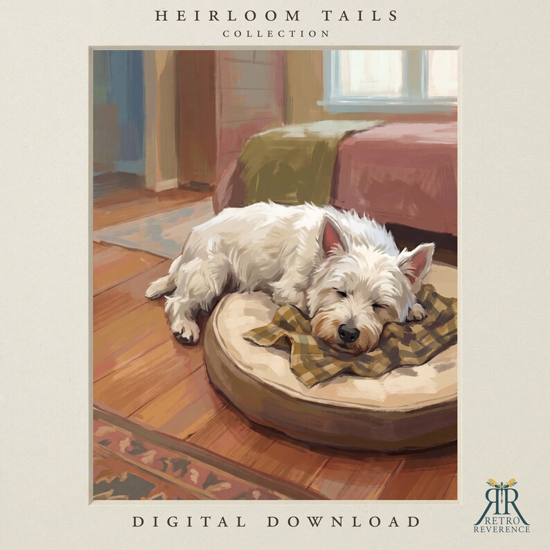 May include: A digital illustration titled HEIRLOOM TAILS COLLECTION DIGITAL DOWNLOAD featuring a white West Highland White Terrier sleeping on a round tan dog bed with a brown plaid blanket. The dog rests on a wooden floor near a bed.