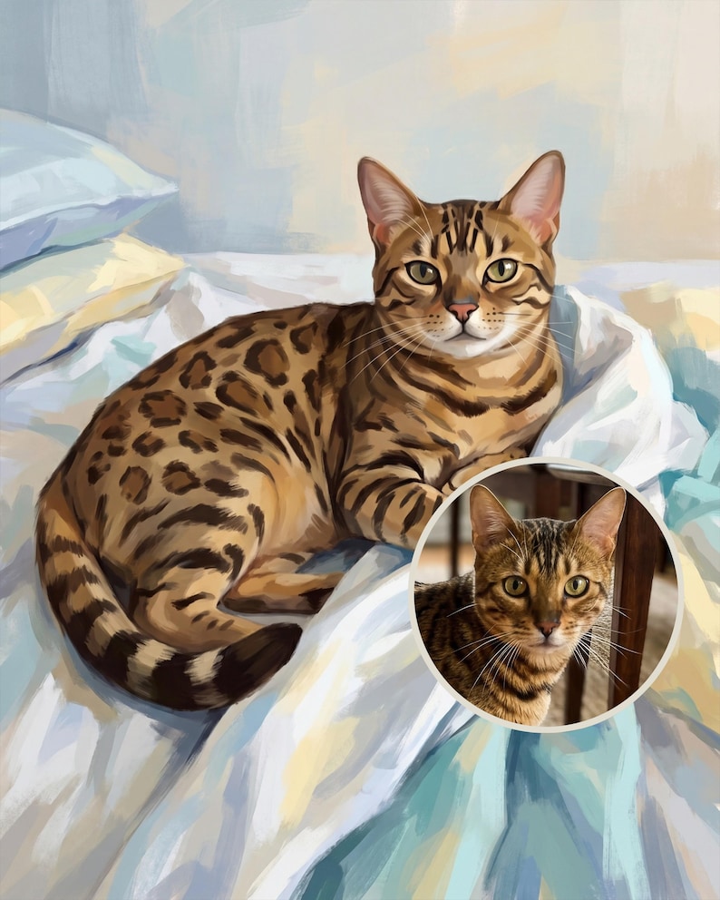 Funny Cat Canvas Wall Art, Cat on Bed Art Print, Personalized Cat Portrait from Photo, Cat Napping Art, Vintage Style Cat Art
