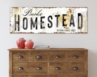 Personalized Family Homestead Sign, Primitive Rustic Wall Decor, Large Vintage Chicken Artwork, Custom Industrial Last Name Canvas Art Print