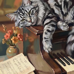 Custom Cat Portrait from Photo, Piano Cat Art, Music Room Wall Art, Vintage Style Cat Illustration, Digital Prints, Classical Artwork image 2