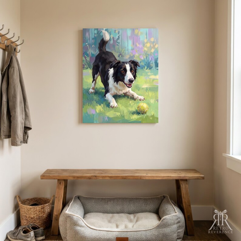 May include: A rectangular wall art print featuring a black and white Border Collie in a play bow stance on a green grassy field with a yellow tennis ball. The background shows soft, colorful floral shapes in shades of purple and yellow.