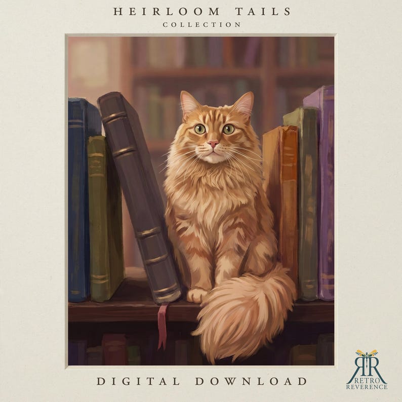 May include: A digital illustration of a fluffy orange tabby cat sitting on a wooden shelf between several hardcover books. The text HEIRLOOM TAILS COLLECTION appears at the top, and DIGITAL DOWNLOAD is printed at the bottom of the image.
