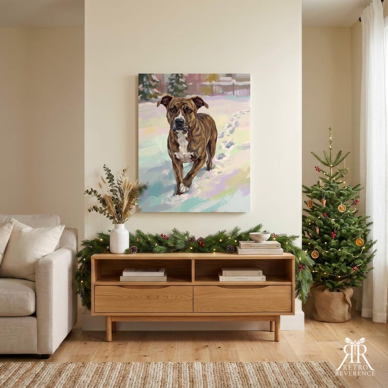 May include: A square canvas wall art print featuring a brown and white dog walking through a snowy landscape with pine trees in the background. The painting uses visible brushstrokes and soft pastel colors to depict the winter scene.