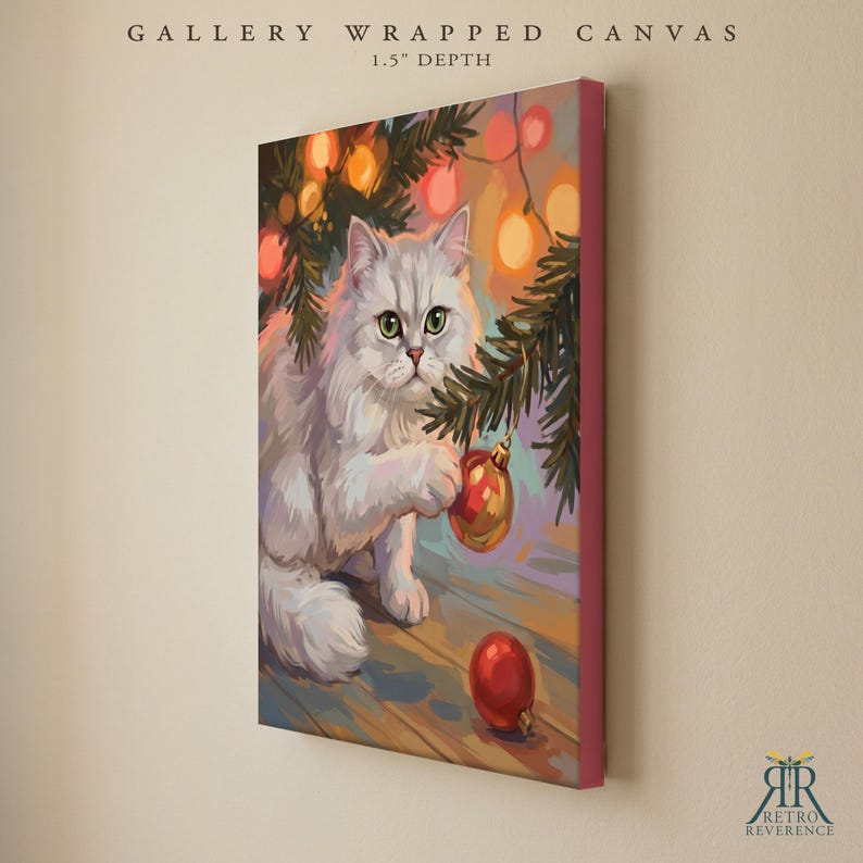 May include: A gallery wrapped canvas with a 1.5 inch depth featuring a painting of a fluffy white cat sitting under a pine tree with glowing orange lights. The cat is reaching for a red ornament, while another red ornament rests on the floor.