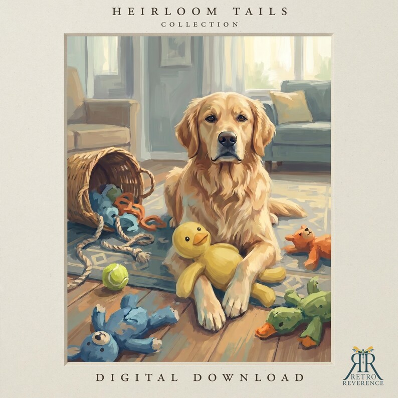 May include: A golden retriever sits on a rug surrounded by toys, including a tipped-over wicker basket, a yellow duck plush, a green tennis ball, a blue bear, and a green duck. Text reads HEIRLOOM TAILS COLLECTION and DIGITAL DOWNLOAD.