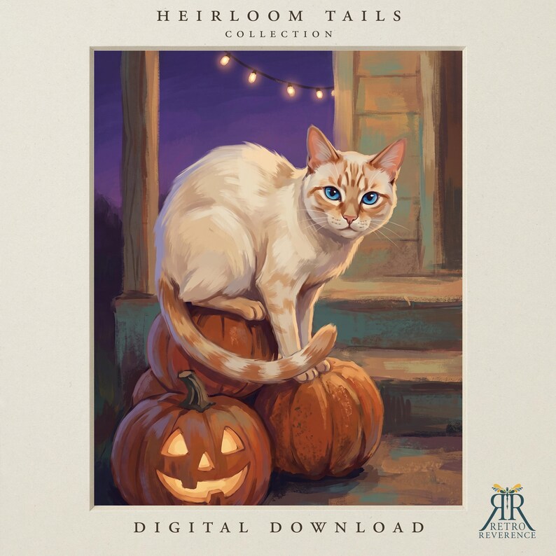 May include: A digital illustration titled Heirloom Tails Collection featuring a cream-colored cat with blue eyes perched on a stack of orange pumpkins. One pumpkin is carved as a jack-o'-lantern. String lights hang above in a dark purple sky.