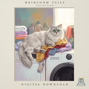 May include: A digital illustration titled HEIRLOOM TAILS COLLECTION showing a long-haired white cat with green eyes resting on a white washing machine. The cat is surrounded by stacks of folded colorful laundry, detergent bottles, and a striped sock.