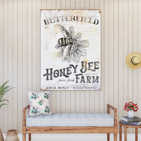 Rustic Chic Large Farmhouse Sign, Custom Vintage Sign, Personalized Last Name Wall Art, Kitchen Honey Bee Decor, Country Farm Sign Bee Art