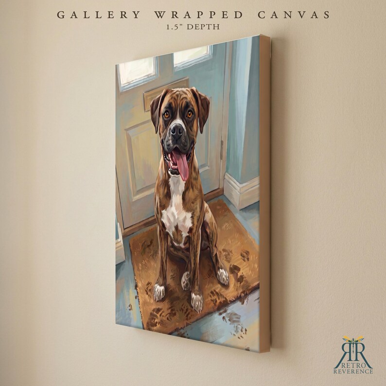 May include: A gallery wrapped canvas with a 1.5 inch depth featuring a painting of a brown and white boxer dog sitting on a brown mat in front of a light blue door. The dog has its tongue out, and there are muddy paw prints on the mat and floor.