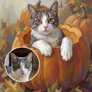 Precious Custom Cat Portrait from Your Photo, Illustrated Pumpkin Patch Canvas Print, Cat Canvas Wall Art, Cat Pumpkin Art