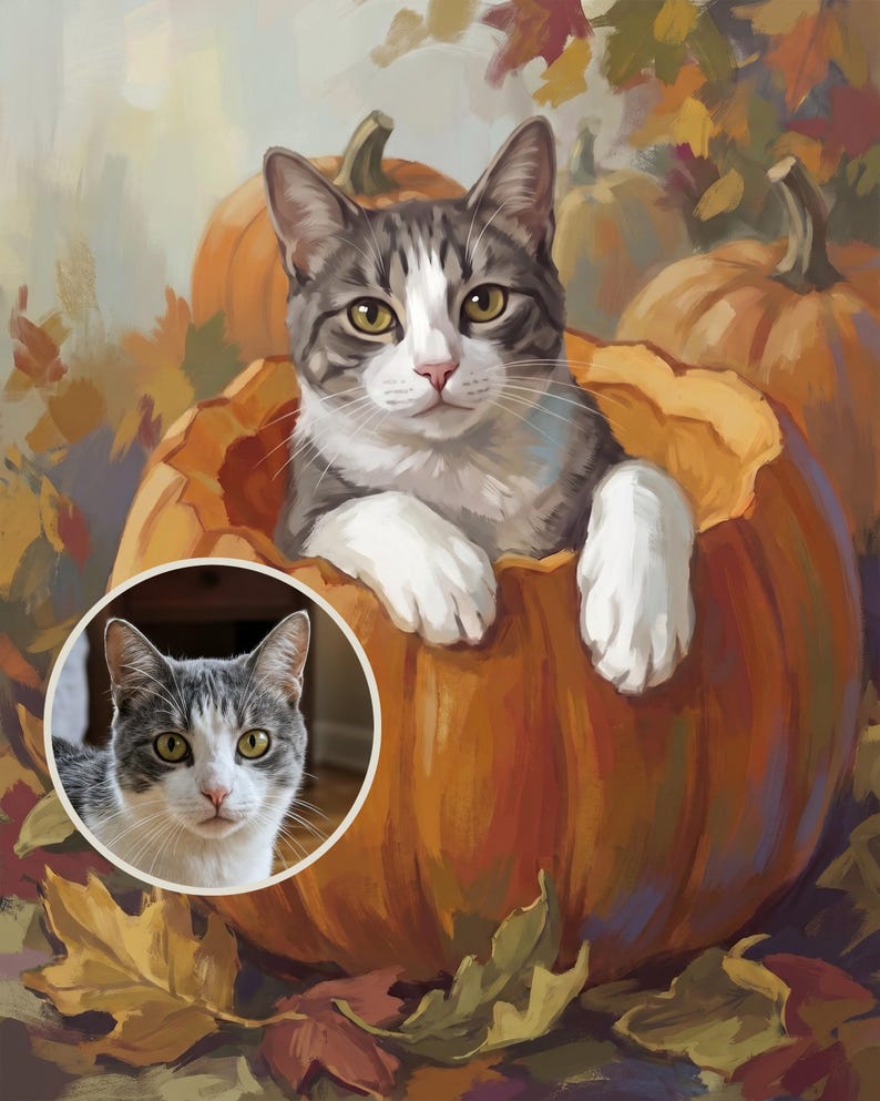 Precious Custom Cat Portrait from Your Photo, Illustrated Pumpkin Patch Canvas Print, Cat Canvas Wall Art, Cat Pumpkin Art