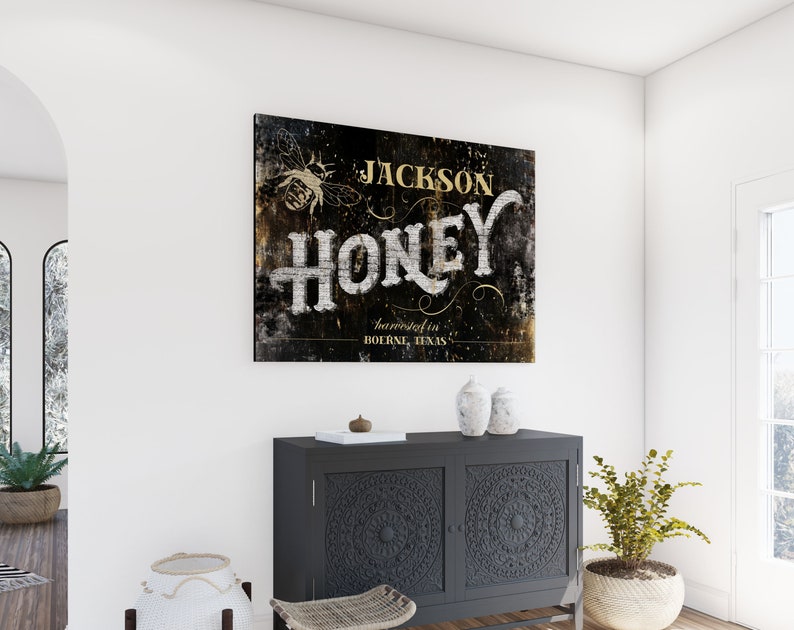 Rustic Honey Bee Decor, Modern Farmhouse Canvas Print, Custom Family Name Sign, Personalized Last Name Wall Art, Farm Sign Bee Lover Gift image 2