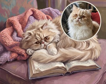 May include: A digital painting of a fluffy cream and tan long-haired cat resting on an open book atop a mauve cushion. A pink knitted blanket is draped nearby. A circular inset shows a photographic portrait of the same cat with amber eyes.