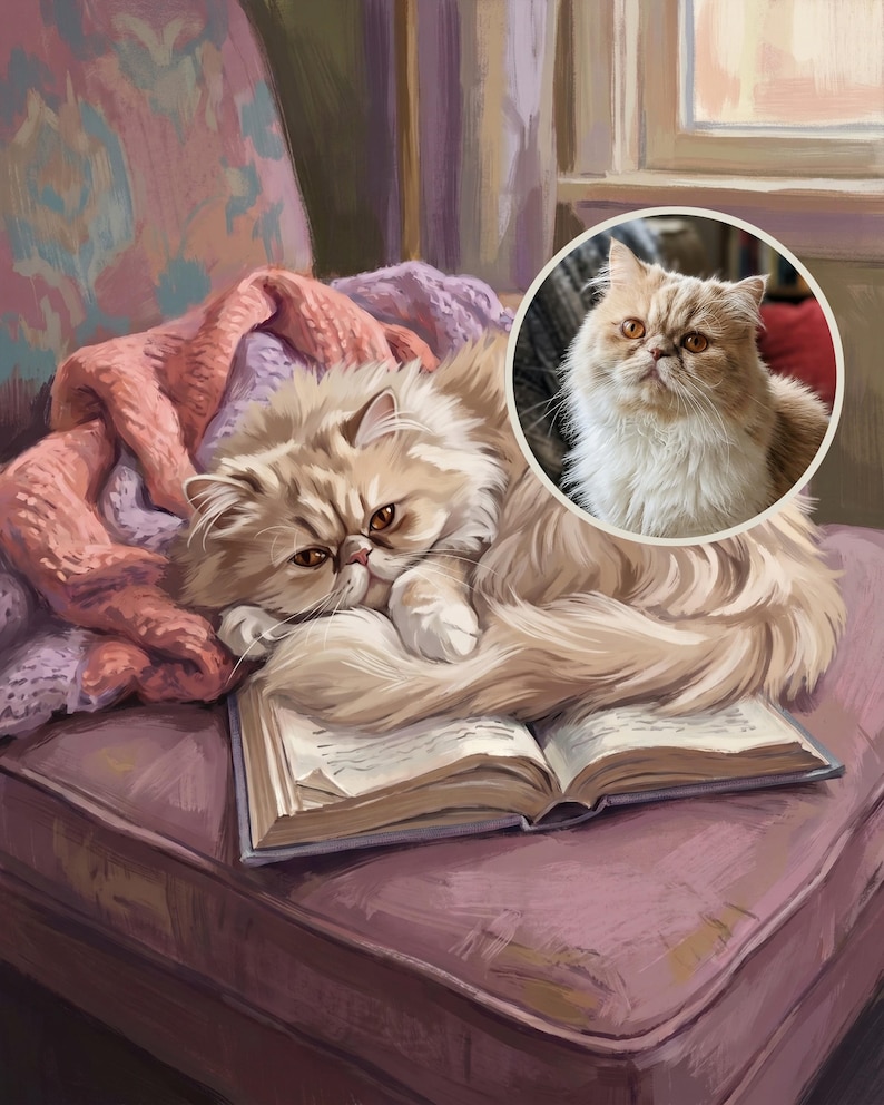 Cuddly Custom Cat Portrait from Your Photo, Illustrated Reading Nook Canvas Print, Cat Canvas Wall Art, Cat in Chair Art
