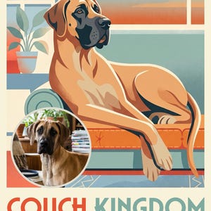 Royal Custom Dog Portrait from Your Photo, Couch Travel Poster Art Digital Download
