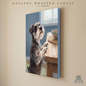 May include: A gallery wrapped canvas with a 3.8 cm depth featuring a painting of a grey and white Schnauzer dog standing on its hind legs, resting its front paws on a wooden table next to a bowl. The text reads GALLERY WRAPPED CANVAS 1.5 DEPTH.