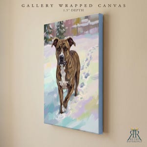 May include: A gallery wrapped canvas with a 1.5 inch depth featuring a painting of a brown and white dog walking through a snowy landscape. The dog has a white chest and muzzle, and the background shows trees and footprints in the snow.
