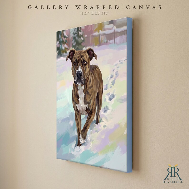 May include: A gallery wrapped canvas with a 1.5 inch depth featuring a painting of a brown and white dog walking through a snowy landscape. The dog has a white chest and muzzle, and the background shows trees and footprints in the snow.